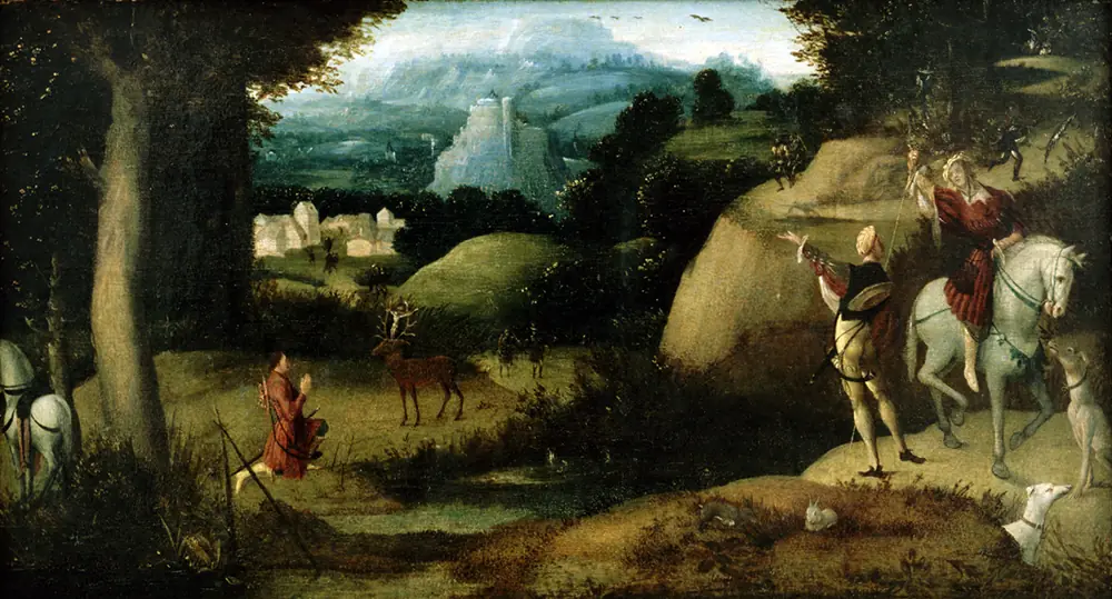 La Conversion de Saint Hubert – Jan de Beer – 1520 – Huile sur bois – don de la Fondation Samuel H. Kress – domaine public – Col. Portland Art Museum – État d’Oregon.