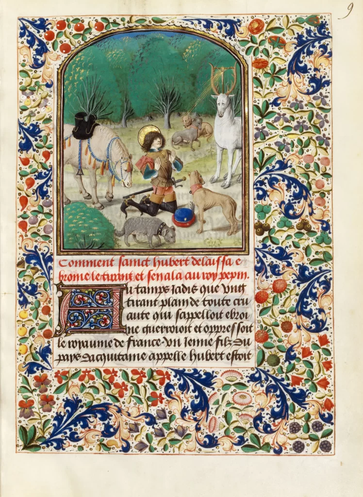 Saint Hubert en prière devant la vision du cerf. Parchemin peint à Bruges vers 14770-1480 par l’enlumineur Maître de Marguerite d’York. Commanditaire : Louis de Gruuthuse, chevalier de l'ordre bourguignon de la Toison d'Or (1422 -1492). Provenance : BnF, Département des Manuscrits, Français 424, f. 9. © Bibliothèque nationale de France